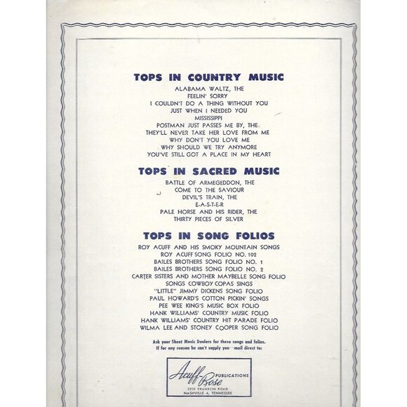 Tennessee Waltz Sheet Music 1948 Patti Page Acuff-Rose Country Classic - Picture 2 of 3